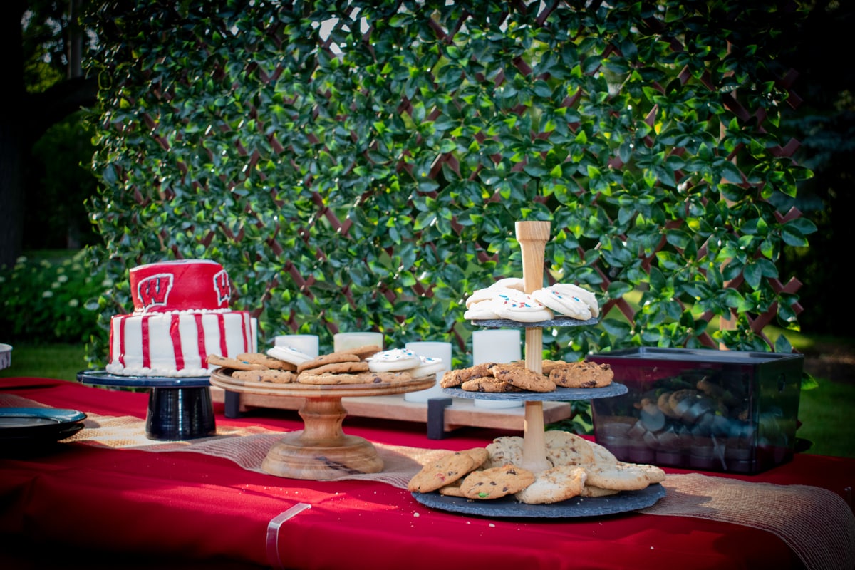A dessert table with a Wisconsin cake and trays of cookies in front of an ivy wall.